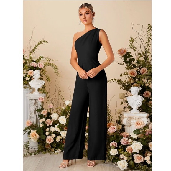 One Shoulder Black Elegant Jumpsuit High Waisted Long Culottes Pants - Picture 5 of 8